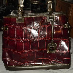 Dooney & Bourke Croco Embossed Leather Double Strap Tassel Satchel in Red